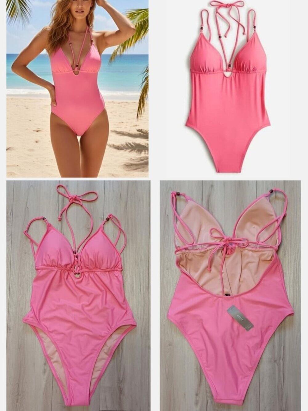 J. Crew Strappy Plunge Beaded One Piece Swimsuit Bright Pink M NWT